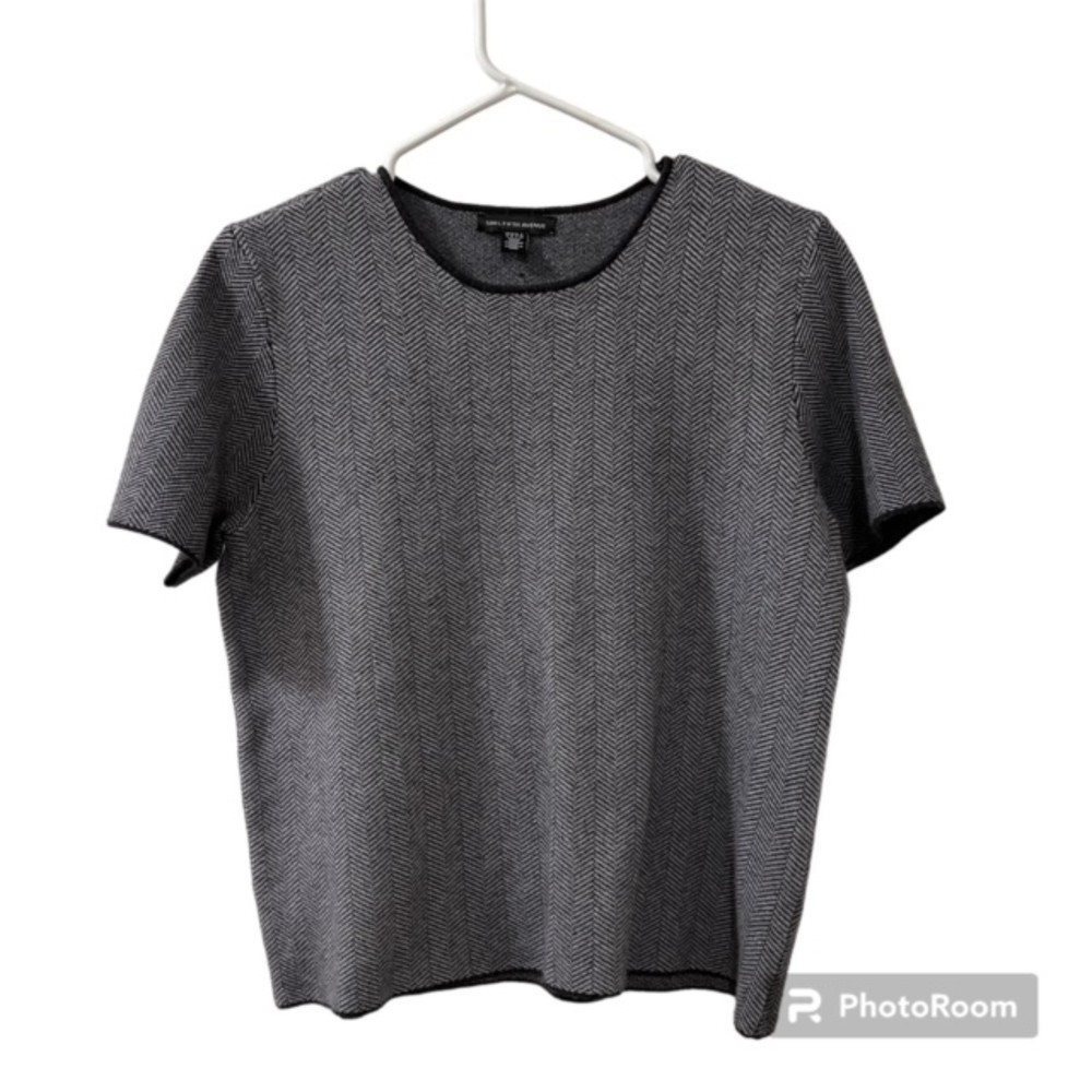 Saks Fifth Avenue Womens Gray Herringbone Viscose Blend Short Sleeve Top Sz LG